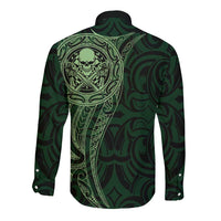 New Zealand Skull Darts Long Sleeve Button Shirt Aotearoa Maori Chest Tattoo Stylized Green - Polynesian Pride