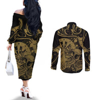 New Zealand Darts Couples Matching Off The Shoulder Long Sleeve Dress and Long Sleeve Button Shirt Skull In Dart We Trust Maori Pattern - Polynesian Pride