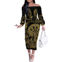 New Zealand Darts Family Matching Off The Shoulder Long Sleeve Dress and Hawaiian Shirt Skull In Dart We Trust Maori Pattern LT14 Mom's Dress Gold - Polynesian Pride