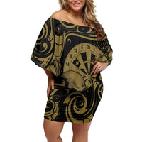 New Zealand Darts Family Matching Off Shoulder Short Dress and Hawaiian Shirt Skull In Dart We Trust Maori Pattern LT14 Mom's Dress Gold - Polynesian Pride