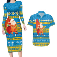 Tuvalu Christmas Couples Matching Long Sleeve Bodycon Dress and Hawaiian Shirt Cute Santa Manuia te Kilisimasi LT14 Blue - Polynesian Pride