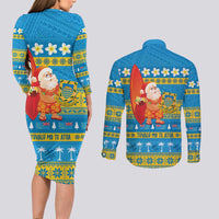 Tuvalu Christmas Couples Matching Long Sleeve Bodycon Dress and Long Sleeve Button Shirt Cute Santa Manuia te Kilisimasi LT14 - Polynesian Pride
