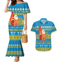 Tuvalu Christmas Couples Matching Mermaid Dress and Hawaiian Shirt Cute Santa Manuia te Kilisimasi LT14 Blue - Polynesian Pride