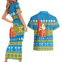 Tuvalu Christmas Couples Matching Short Sleeve Bodycon Dress and Hawaiian Shirt Cute Santa Manuia te Kilisimasi LT14 - Polynesian Pride