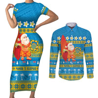 Tuvalu Christmas Couples Matching Short Sleeve Bodycon Dress and Long Sleeve Button Shirt Cute Santa Manuia te Kilisimasi LT14 Blue - Polynesian Pride