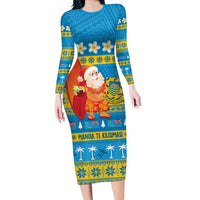 Tuvalu Christmas Family Matching Long Sleeve Bodycon Dress and Hawaiian Shirt Cute Santa Manuia te Kilisimasi LT14 Mom's Dress Blue - Polynesian Pride