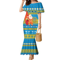 Tuvalu Christmas Family Matching Mermaid Dress and Hawaiian Shirt Cute Santa Manuia te Kilisimasi LT14 Mom's Dress Blue - Polynesian Pride