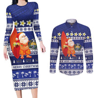 Nauru Christmas Couples Matching Long Sleeve Bodycon Dress and Long Sleeve Button Shirt Cute Santa Coat Of Arms Merry Xmas LT14 Navy Blue - Polynesian Pride