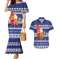 Nauru Christmas Couples Matching Mermaid Dress and Hawaiian Shirt Cute Santa Coat Of Arms Merry Xmas LT14 Navy Blue - Polynesian Pride