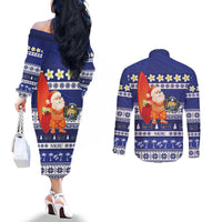 Nauru Christmas Couples Matching Off The Shoulder Long Sleeve Dress and Long Sleeve Button Shirt Cute Santa Coat Of Arms Merry Xmas LT14 - Polynesian Pride