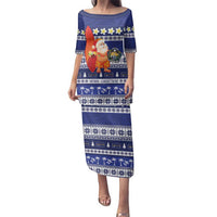 Nauru Christmas Family Matching Puletasi and Hawaiian Shirt Cute Santa Coat Of Arms Merry Xmas LT14 Mom's Dress Navy Blue - Polynesian Pride