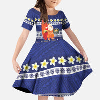 Nauru Christmas Family Matching Short Sleeve Bodycon Dress and Hawaiian Shirt Cute Santa Coat Of Arms Merry Xmas LT14 Daughter's Dress Navy Blue - Polynesian Pride