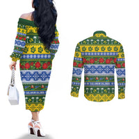 Solomon Islands Christmas Couples Matching Off The Shoulder Long Sleeve Dress and Long Sleeve Button Shirt The Solomons Melanesian Meri Krismas LT14 - Polynesian Pride