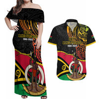 Personalised Vanuatu Unity Day Couples Matching Off Shoulder Maxi Dress and Hawaiian Shirt 29 November Coat Of Arms With Flag Style LT14 Black - Polynesian Pride
