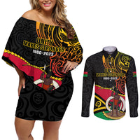 Personalised Vanuatu Unity Day Couples Matching Off Shoulder Short Dress and Long Sleeve Button Shirt 29 November Coat Of Arms With Flag Style LT14 Black - Polynesian Pride