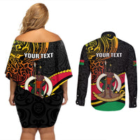 Personalised Vanuatu Unity Day Couples Matching Off Shoulder Short Dress and Long Sleeve Button Shirt 29 November Coat Of Arms With Flag Style LT14 - Polynesian Pride
