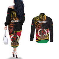 Personalised Vanuatu Unity Day Couples Matching Off The Shoulder Long Sleeve Dress and Long Sleeve Button Shirt 29 November Coat Of Arms With Flag Style LT14 - Polynesian Pride