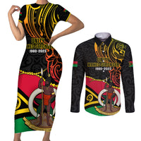 Personalised Vanuatu Unity Day Couples Matching Short Sleeve Bodycon Dress and Long Sleeve Button Shirt 29 November Coat Of Arms With Flag Style LT14 Black - Polynesian Pride