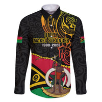 Personalised Vanuatu Unity Day Family Matching Off Shoulder Short Dress and Hawaiian Shirt 29 November Coat Of Arms With Flag Style LT14 Dad's Shirt - Long Sleeve Black - Polynesian Pride