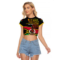 Personalised Vanuatu Unity Day Raglan Cropped T Shirt 29 November Coat Of Arms With Flag Style LT14 Female Black - Polynesian Pride