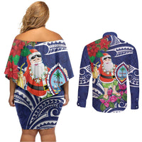 Guam Christmas Couples Matching Off Shoulder Short Dress and Long Sleeve Button Shirt Poinsettia With Bougainvillea - Felis Pasgua! LT14 - Polynesian Pride