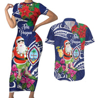 Guam Christmas Couples Matching Short Sleeve Bodycon Dress and Hawaiian Shirt Poinsettia With Bougainvillea - Felis Pasgua! LT14 Blue - Polynesian Pride