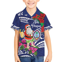 Guam Christmas Family Matching Off Shoulder Short Dress and Hawaiian Shirt Poinsettia With Bougainvillea - Felis Pasgua! LT14 Son's Shirt Blue - Polynesian Pride
