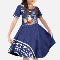 Guam Christmas Family Matching Tank Maxi Dress and Hawaiian Shirt Poinsettia With Bougainvillea - Felis Pasgua! LT14 Daughter's Dress Blue - Polynesian Pride