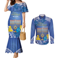 Personalised Hanukkah Jewish Festival Couples Matching Mermaid Dress and Long Sleeve Button Shirt It's Lit - Polynesian Pattern
