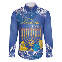 Personalised Hanukkah Jewish Festival Family Matching Off Shoulder Short Dress and Hawaiian Shirt It's Lit - Polynesian Pattern LT14 Dad's Shirt - Long Sleeve Blue - Polynesian Pride