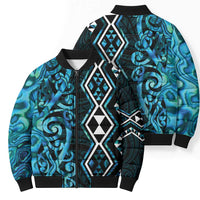 Turquoise Aotearoa Bomber Puffer Jacket Taniko Motifs With Paua Shell Kowhaiwhai - Polynesian Pride