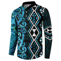 Turquoise Aotearoa Button Sweatshirt Taniko Motifs With Paua Shell Kowhaiwhai