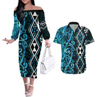 Turquoise Aotearoa Couples Matching Off The Shoulder Long Sleeve Dress and Hawaiian Shirt Taniko Motifs With Paua Shell Kowhaiwhai LT14 Turquoise - Polynesian Pride