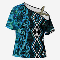 Turquoise Aotearoa Cross Shoulder Shirt Taniko Motifs With Paua Shell Kowhaiwhai - Polynesian Pride