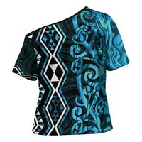 Turquoise Aotearoa Cross Shoulder Shirt Taniko Motifs With Paua Shell Kowhaiwhai - Polynesian Pride