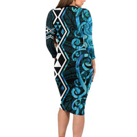 Turquoise Aotearoa Family Matching Long Sleeve Bodycon Dress and Hawaiian Shirt Taniko Motifs With Paua Shell Kowhaiwhai LT14 - Polynesian Pride