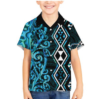 Turquoise Aotearoa Family Matching Mermaid Dress and Hawaiian Shirt Taniko Motifs With Paua Shell Kowhaiwhai LT14 Son's Shirt Turquoise - Polynesian Pride
