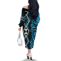 Turquoise Aotearoa Family Matching Off The Shoulder Long Sleeve Dress and Hawaiian Shirt Taniko Motifs With Paua Shell Kowhaiwhai LT14 - Polynesian Pride