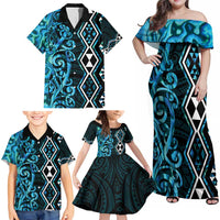 Turquoise Aotearoa Family Matching Off Shoulder Maxi Dress and Hawaiian Shirt Taniko Motifs With Paua Shell Kowhaiwhai LT14 - Polynesian Pride