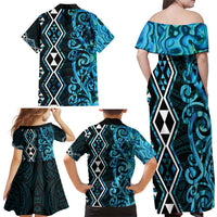 Turquoise Aotearoa Family Matching Off Shoulder Maxi Dress and Hawaiian Shirt Taniko Motifs With Paua Shell Kowhaiwhai LT14 - Polynesian Pride