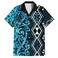 Turquoise Aotearoa Family Matching Off Shoulder Maxi Dress and Hawaiian Shirt Taniko Motifs With Paua Shell Kowhaiwhai LT14 Dad's Shirt - Short Sleeve Turquoise - Polynesian Pride