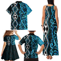 Turquoise Aotearoa Family Matching Tank Maxi Dress and Hawaiian Shirt Taniko Motifs With Paua Shell Kowhaiwhai LT14 - Polynesian Pride