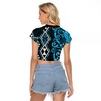 Turquoise Aotearoa Raglan Cropped T Shirt Taniko Motifs With Paua Shell Kowhaiwhai