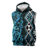 Turquoise Aotearoa Sleeveless Hoodie Taniko Motifs With Paua Shell Kowhaiwhai - Polynesian Pride