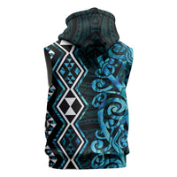 Turquoise Aotearoa Sleeveless Hoodie Taniko Motifs With Paua Shell Kowhaiwhai - Polynesian Pride