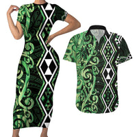 Green Aotearoa Couples Matching Short Sleeve Bodycon Dress and Hawaiian Shirt Taniko Motifs With Paua Shell Kowhaiwhai LT14 Green - Polynesian Pride