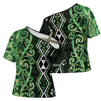 Green Aotearoa Cross Shoulder Shirt Taniko Motifs With Paua Shell Kowhaiwhai - Polynesian Pride