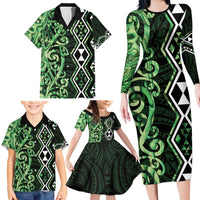 Green Aotearoa Family Matching Long Sleeve Bodycon Dress and Hawaiian Shirt Taniko Motifs With Paua Shell Kowhaiwhai LT14 - Polynesian Pride