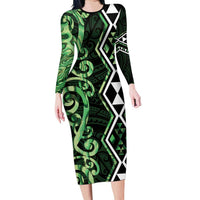 Green Aotearoa Family Matching Long Sleeve Bodycon Dress and Hawaiian Shirt Taniko Motifs With Paua Shell Kowhaiwhai LT14 Mom's Dress Green - Polynesian Pride