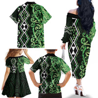 Green Aotearoa Family Matching Off The Shoulder Long Sleeve Dress and Hawaiian Shirt Taniko Motifs With Paua Shell Kowhaiwhai LT14 - Polynesian Pride